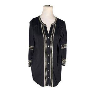 J. Jill Black Embroidered Button-Front Over-Sized Tunic With 3/4 Sleeves Size S